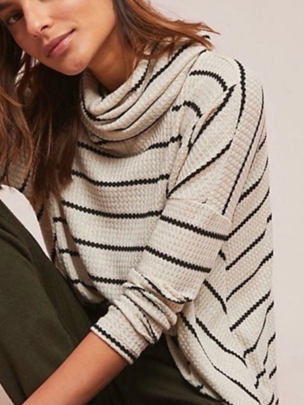 Anthropologie Eri + Ali Cozy Cowl Neck Striped Pullover  - Cream/Black Lg